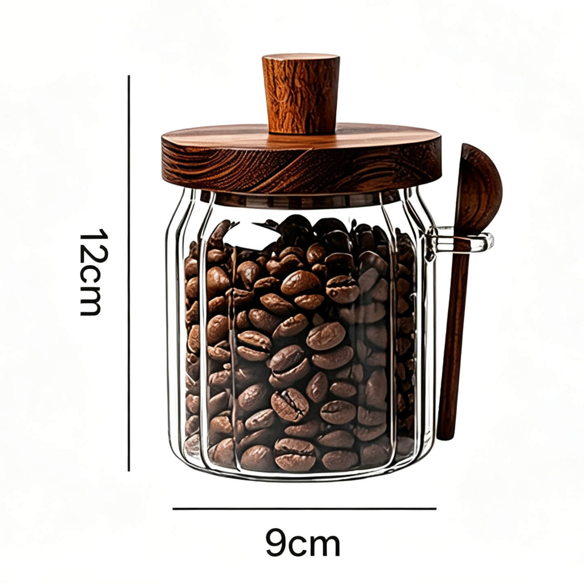 400ml ribbed glass jar with solid wood knob lid and spoon showing 12cm height and 9cm width dimensions.