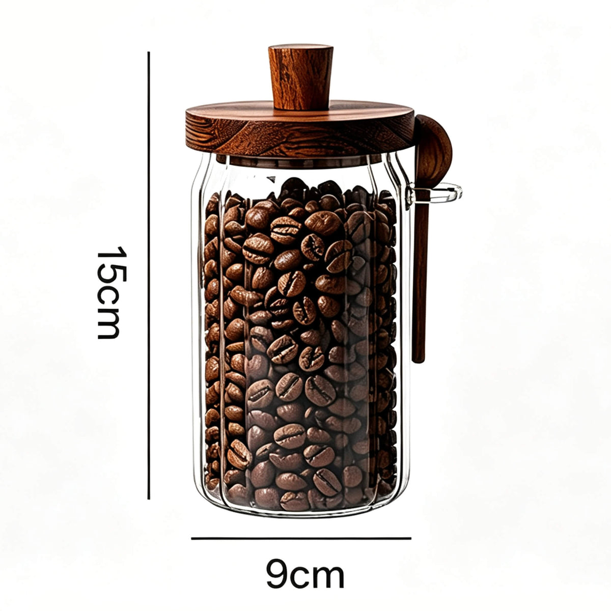 600ml ribbed glass jar with solid wood knob lid and spoon showing 15cm height and 9cm width dimensions.