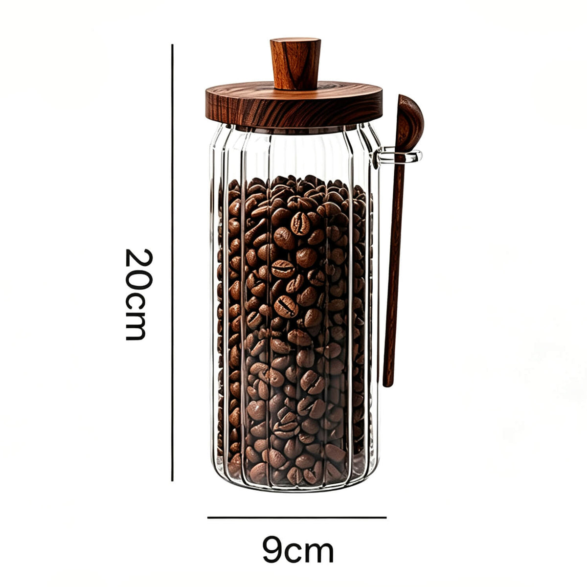 900ml ribbed glass jar with solid wood knob lid and spoon showing 20cm height and 9cm width dimensions.