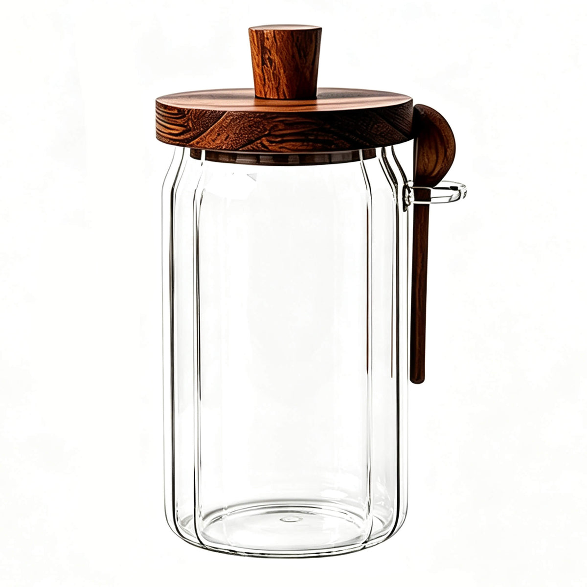 Clear ribbed glass jar with solid wood knob lid and wooden spoon in glass side holder.