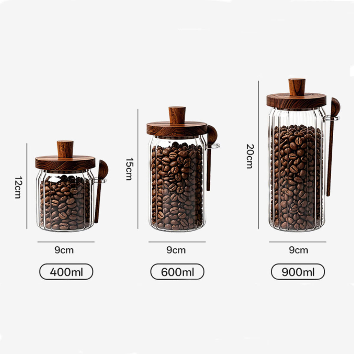 Three sizes of ribbed glass jars with solid wood knob lids labeled 400ml, 600ml, and 900ml with dimensions.