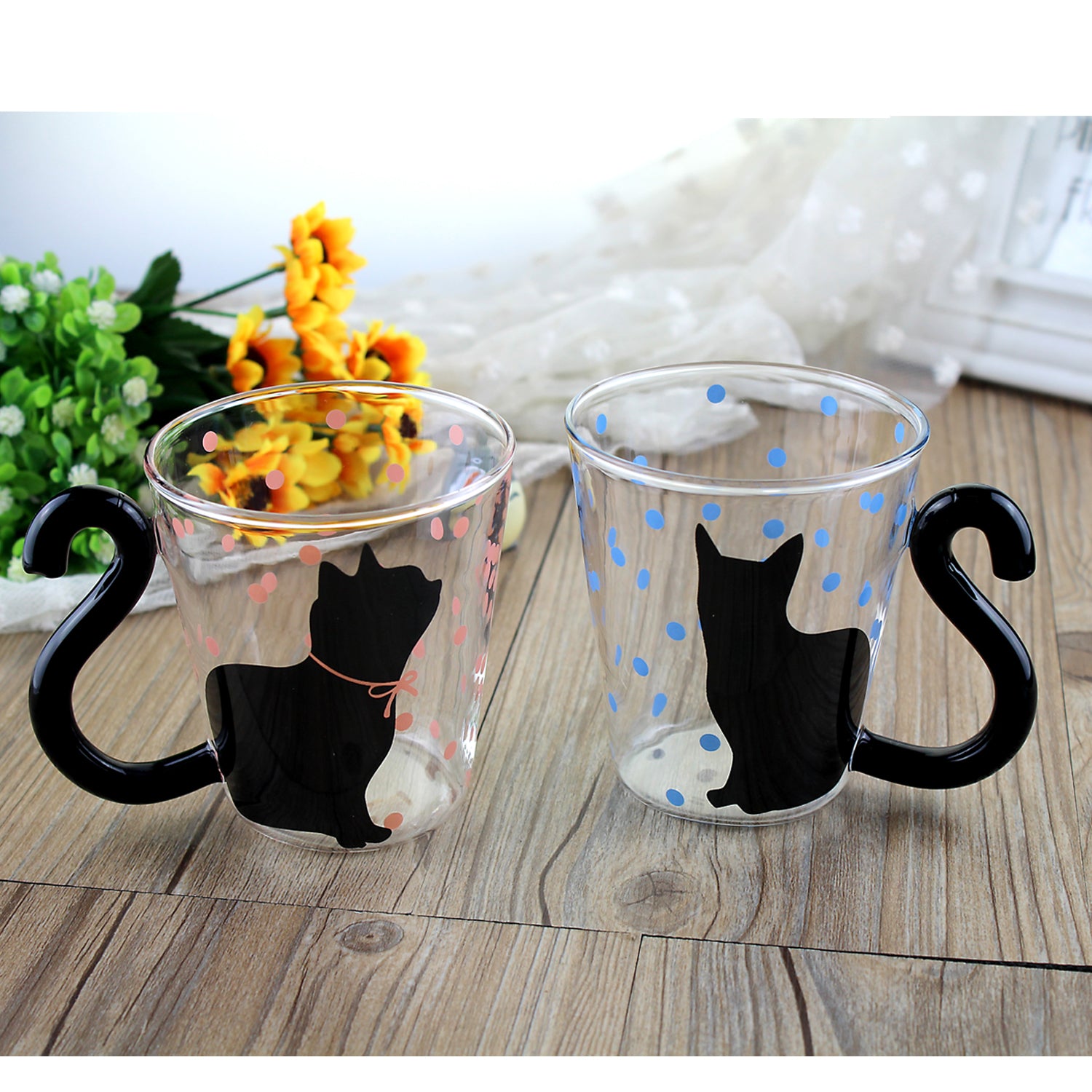 Glass Coffee Mug Tea Cup Birthday Christmas Gift, Cat Tail