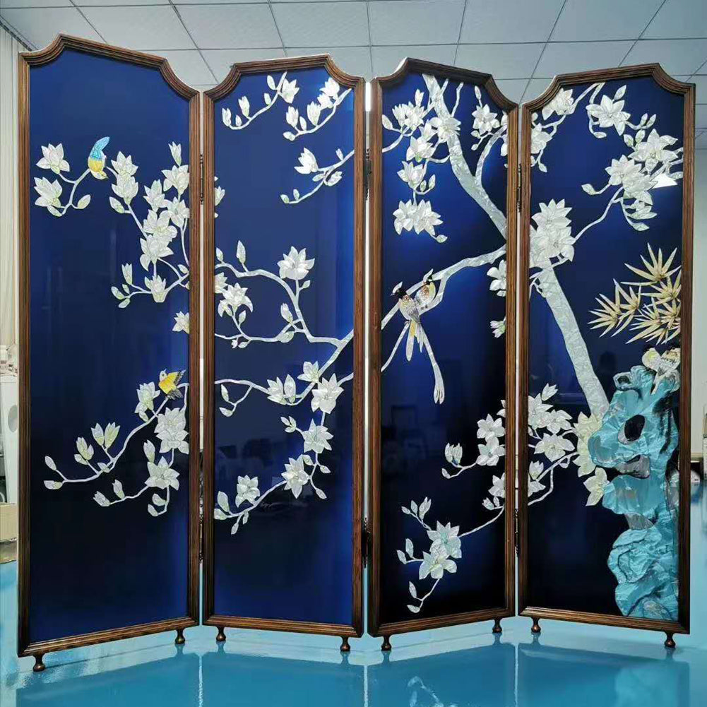 Handpaint cloisonne enamel Art Glass Room Divider Screen Panel Magnolia
