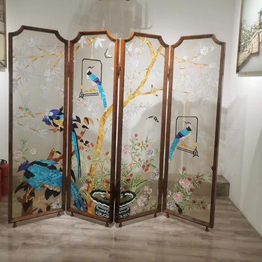 Cloisonne enamel Art Glass Interior Decor Room Divider Magpie
