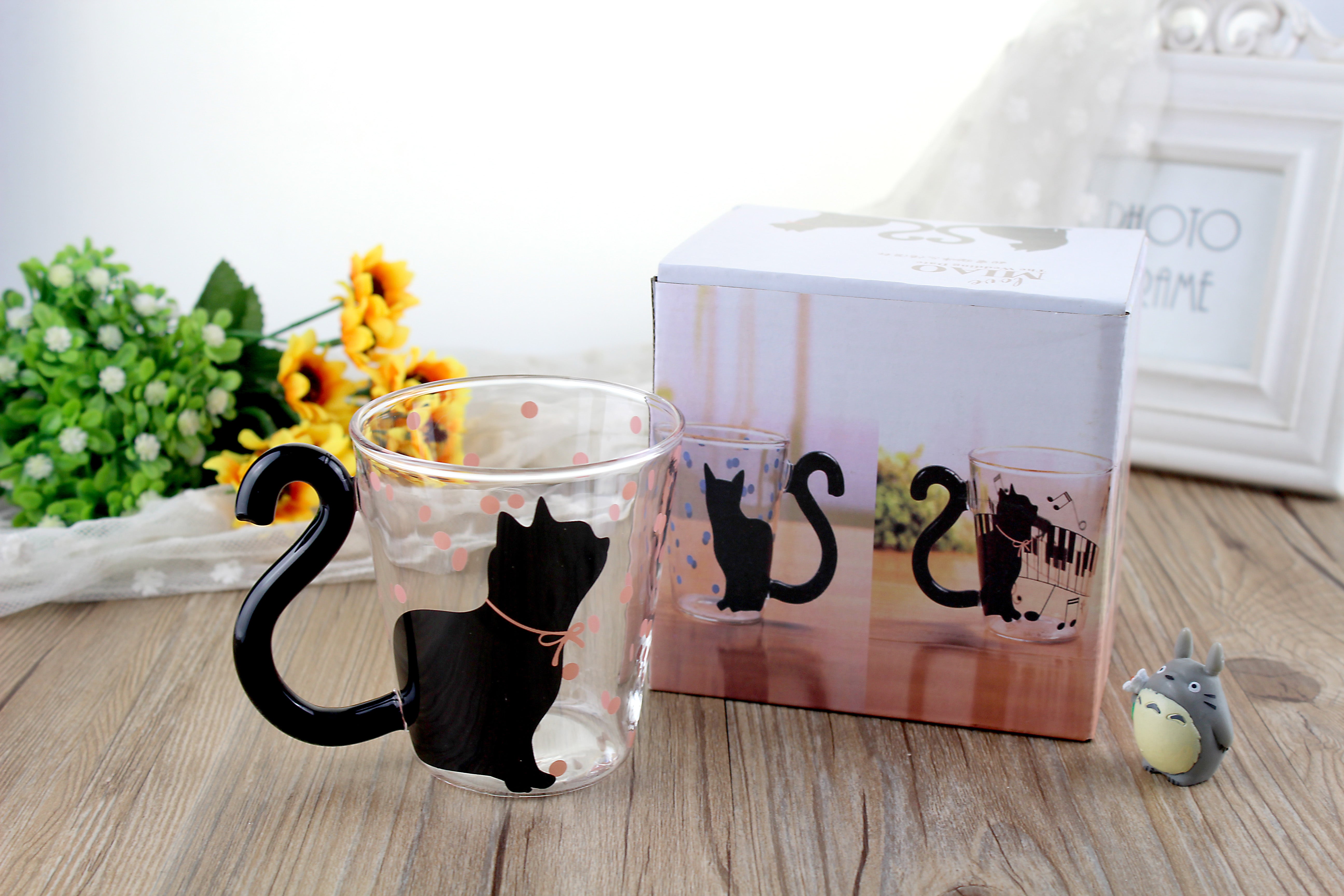 Glass Coffee Mug Tea Cup Birthday Christmas Gift, Cat Tail