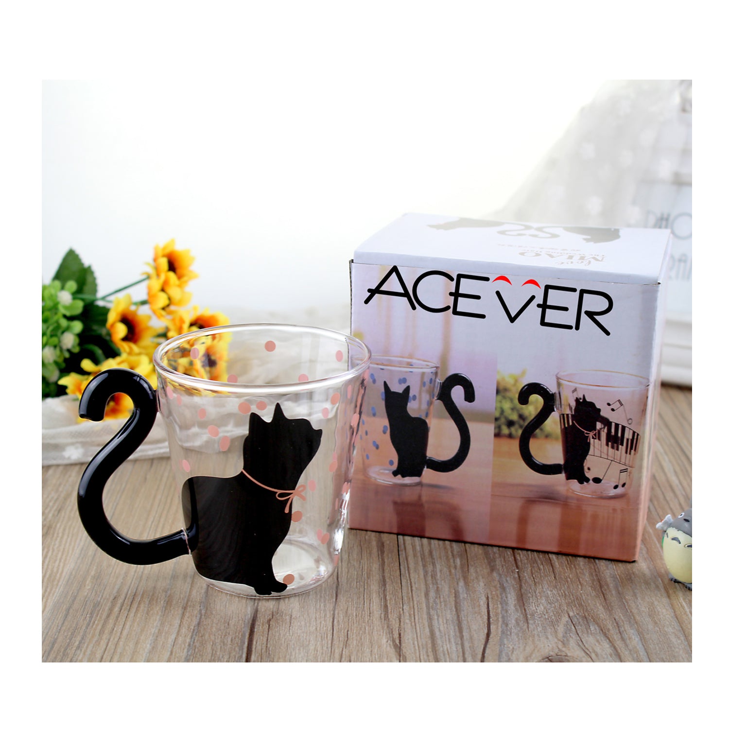 Glass Coffee Mug Tea Cup Birthday Christmas Gift, Cat Tail